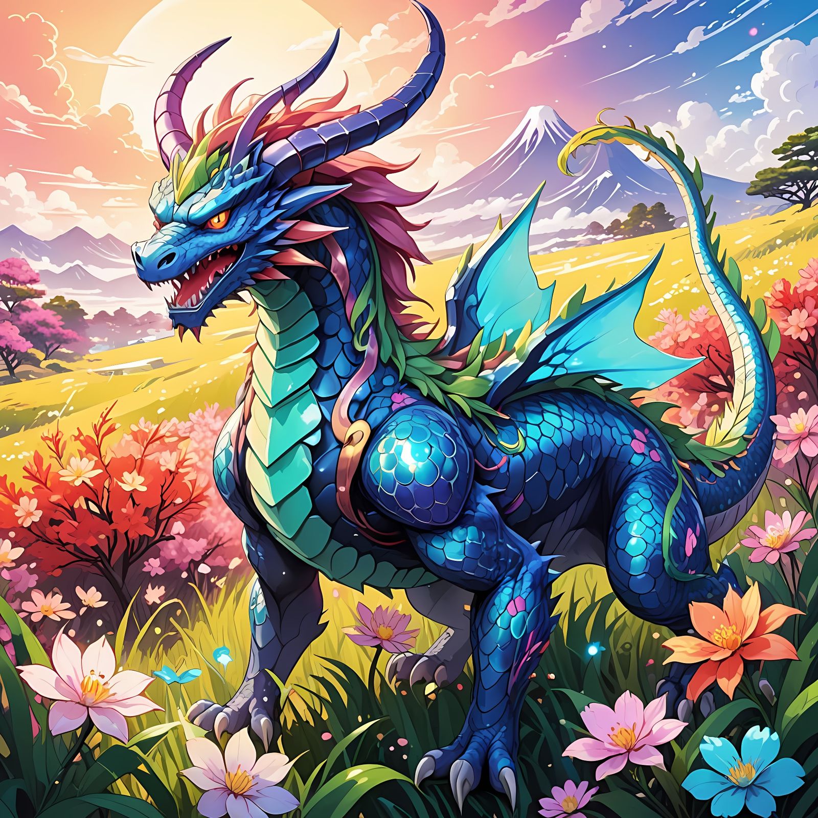 Mystical Dragon with Iridescent Scales in Vibrant Anime Styl...