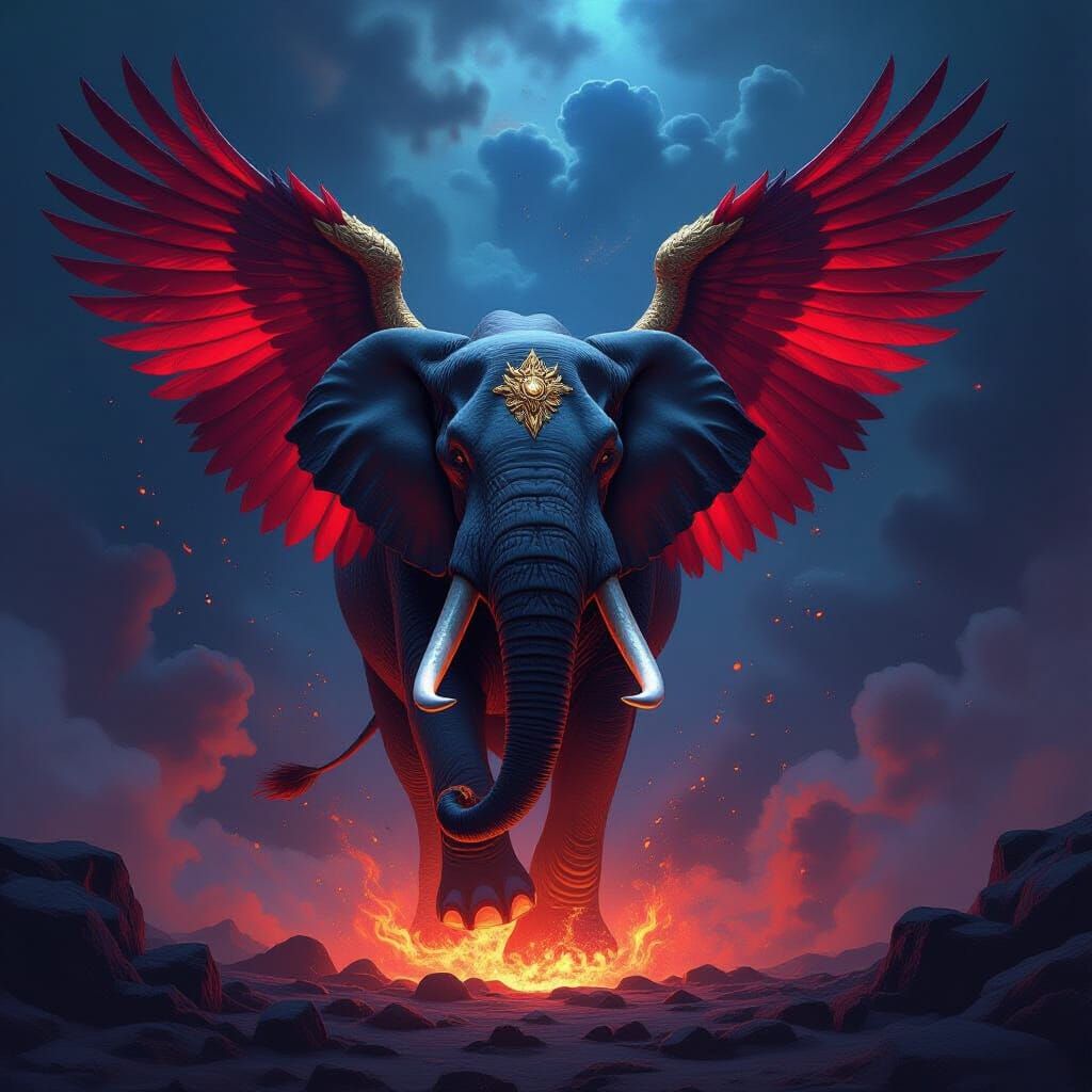 Majestic Elephant-Crocodile with Crimson Gold Feathers Amids...