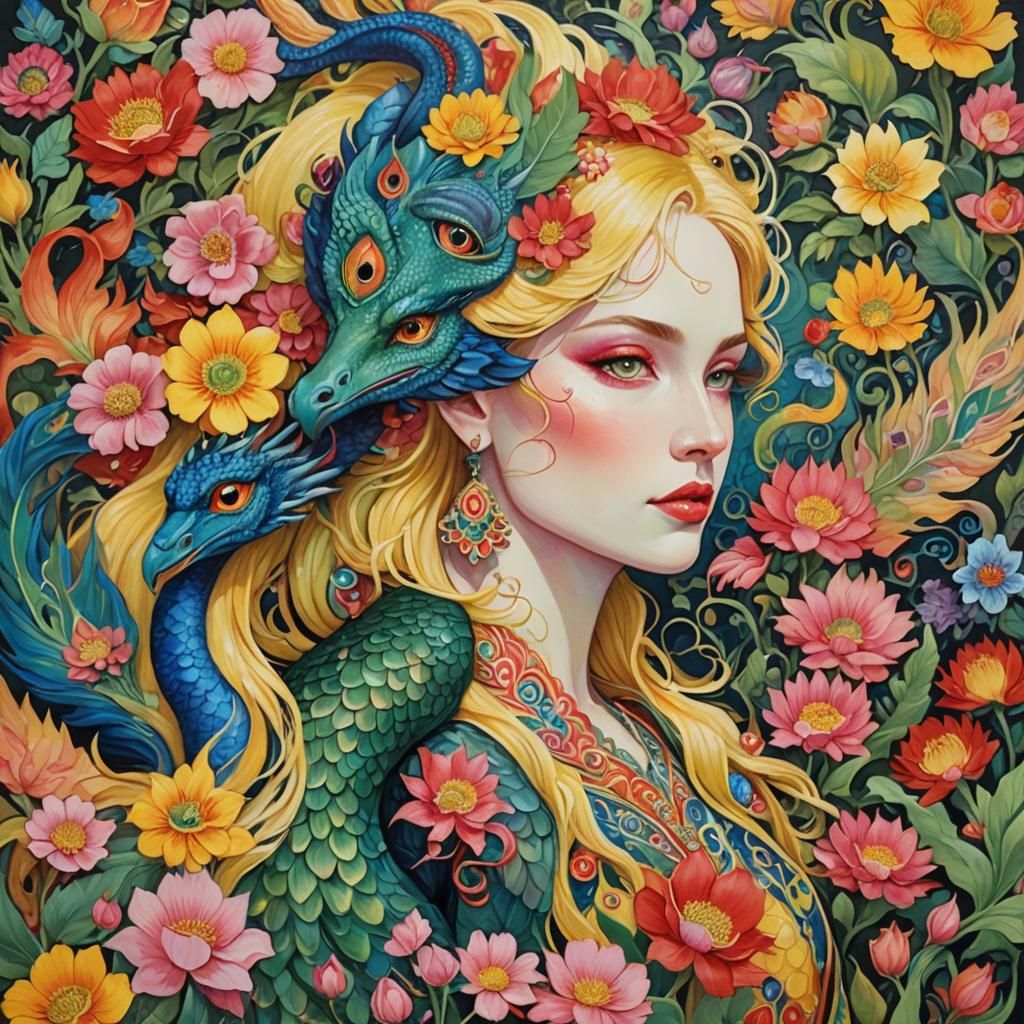 Dragon Peacock Woman in Vibrant Gouache Style