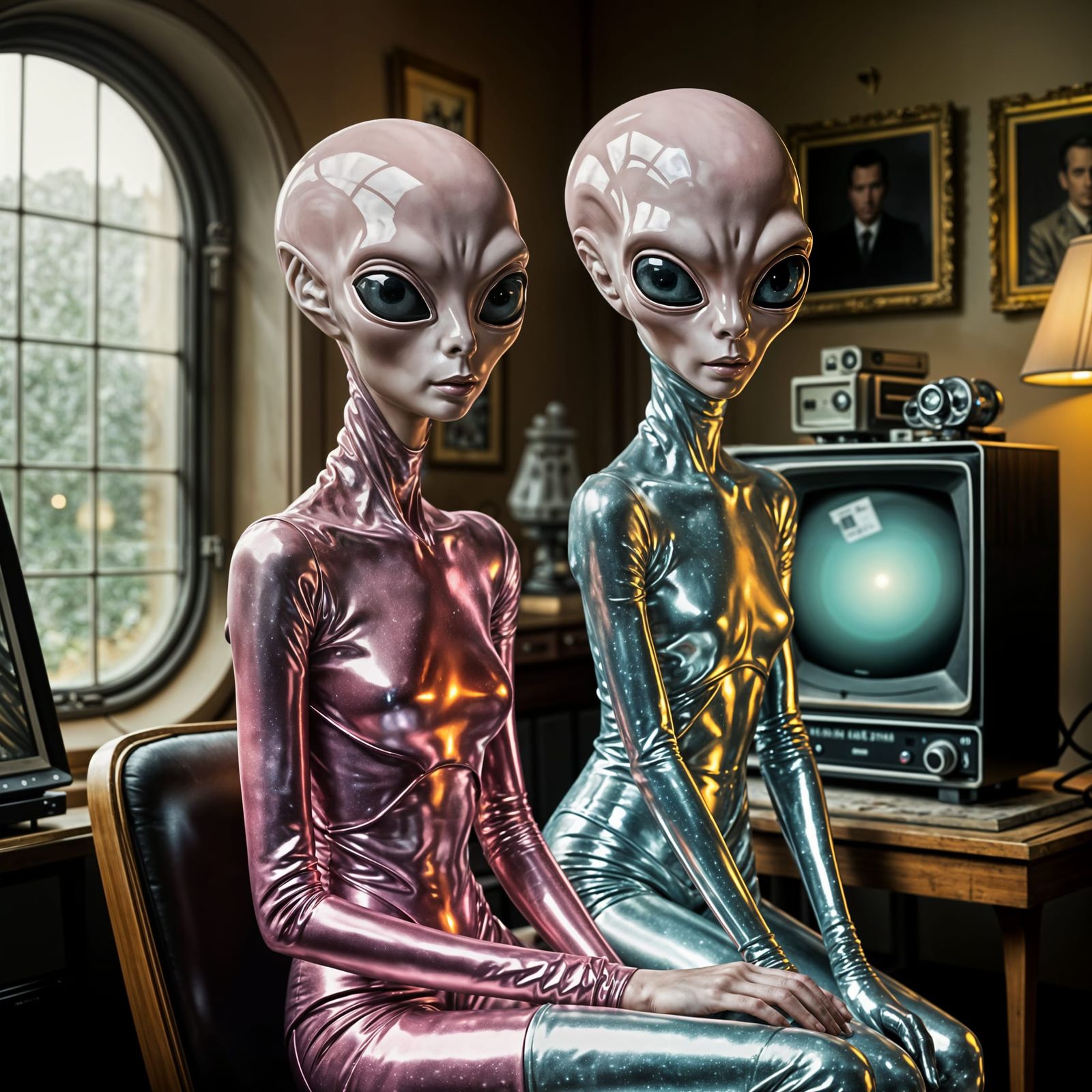 Alien in Retro Room with Sparkling Aura