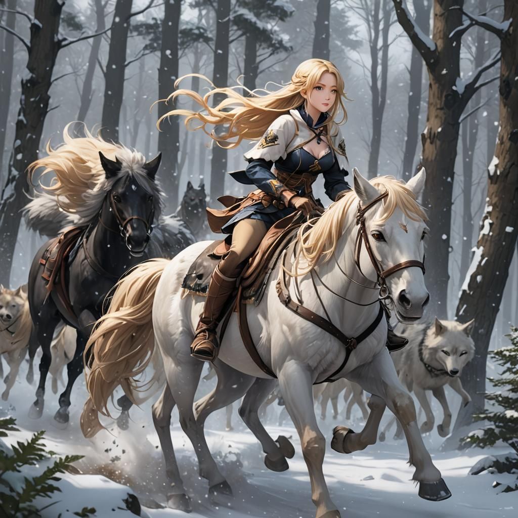 Anime Girl on Horse Chase in Snowy Forest