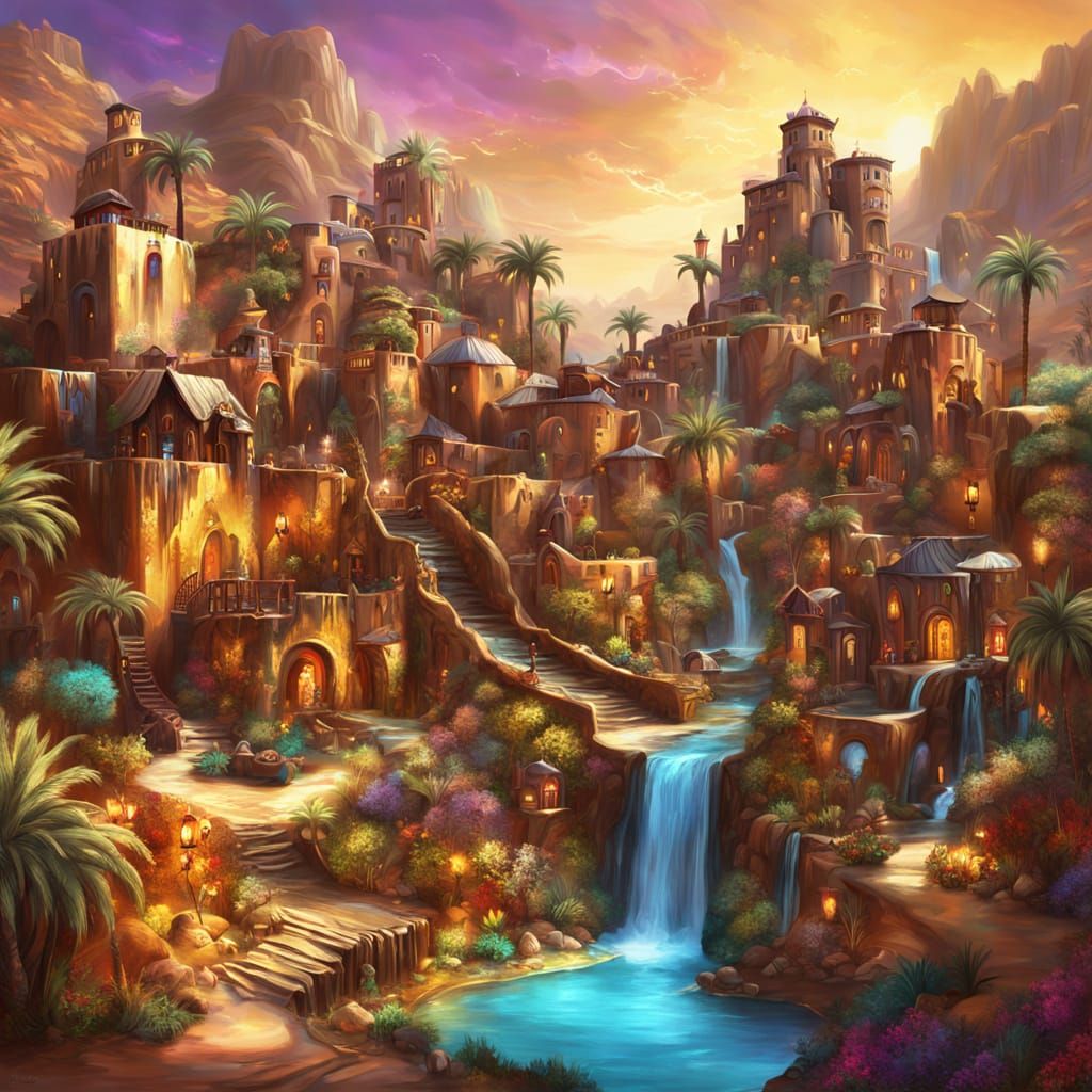 Chocolate Village in Magical Desert, Oil Painting Style