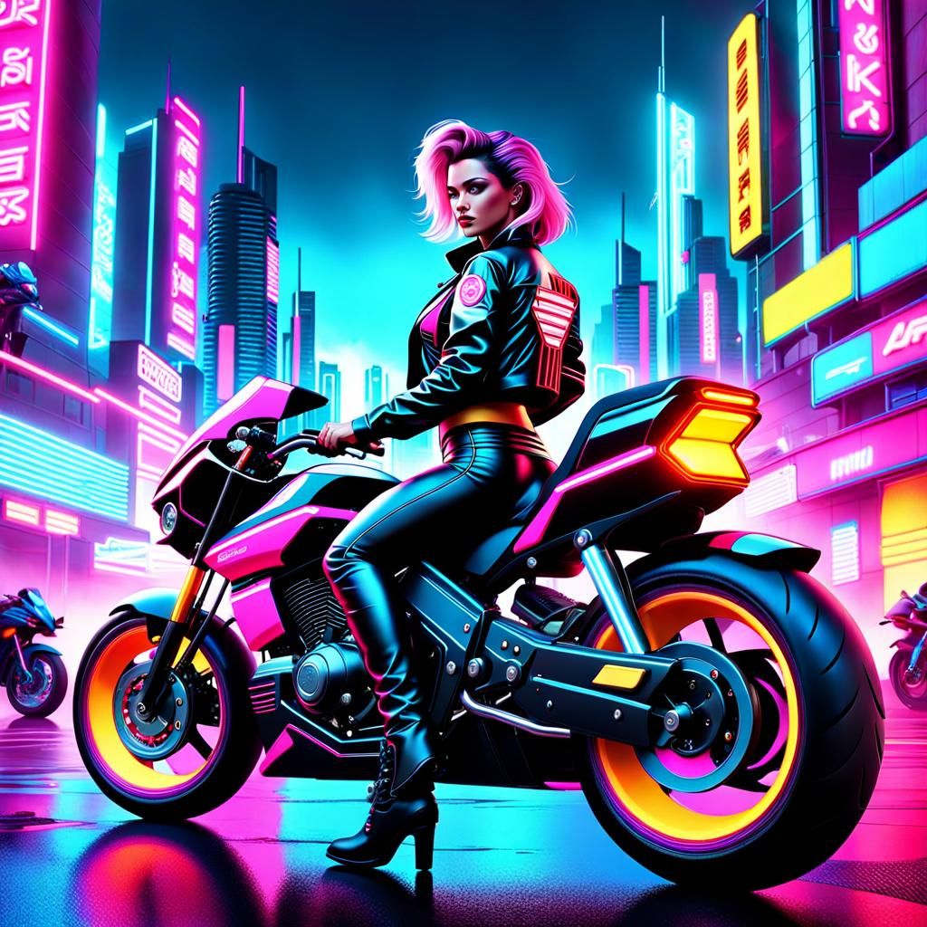 Female Biker Retrowave Art (80's Synthwave Art)