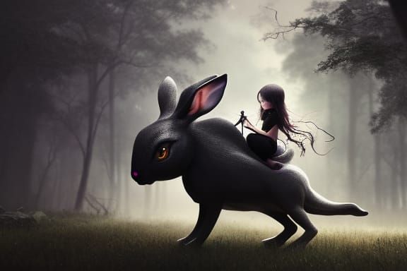 Girl toddler riding giant rabbit