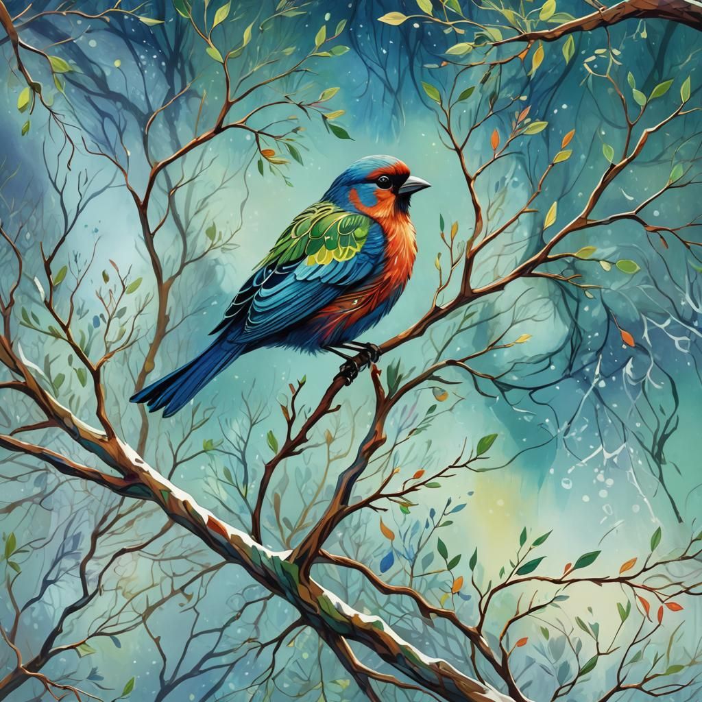 Colorful Winter Bird on Tree, Digital Matte Painting