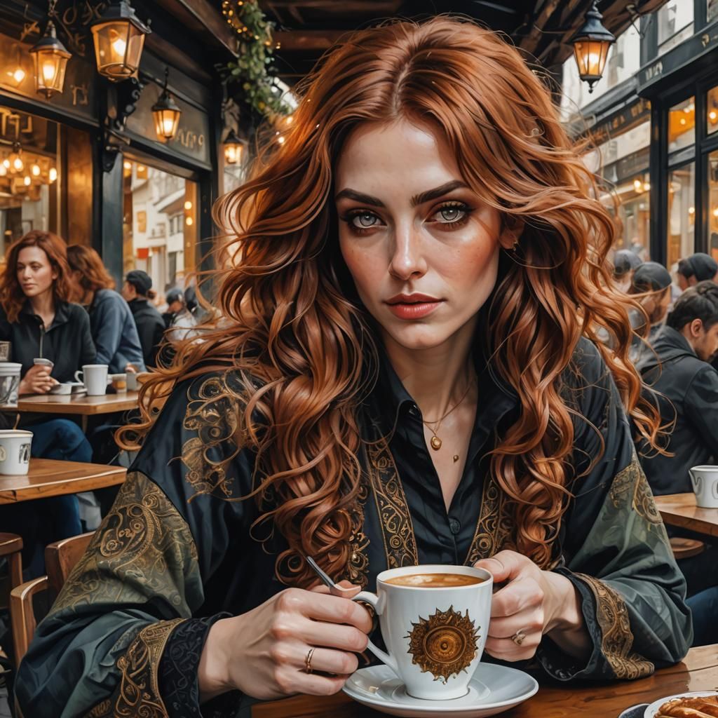 Expressive Woman Sipping Coffee in City Cafe