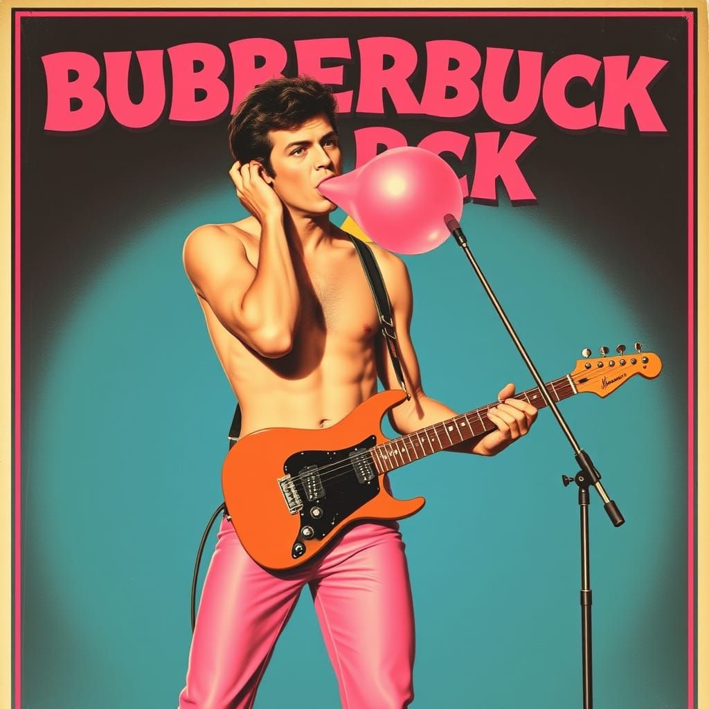 Retro Rock Star Blows Bubblegum in Pastel Colored Pants