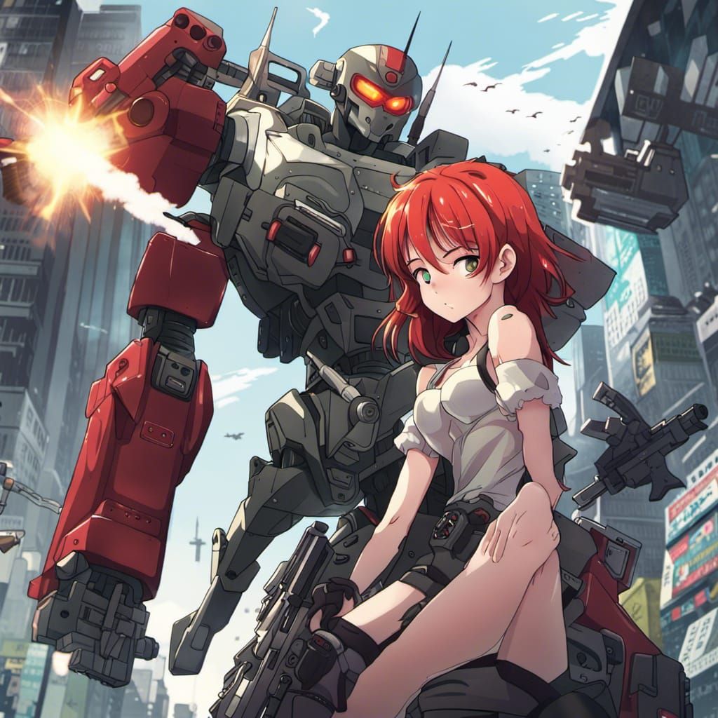 Anime Girl with Robot and Machine Gun