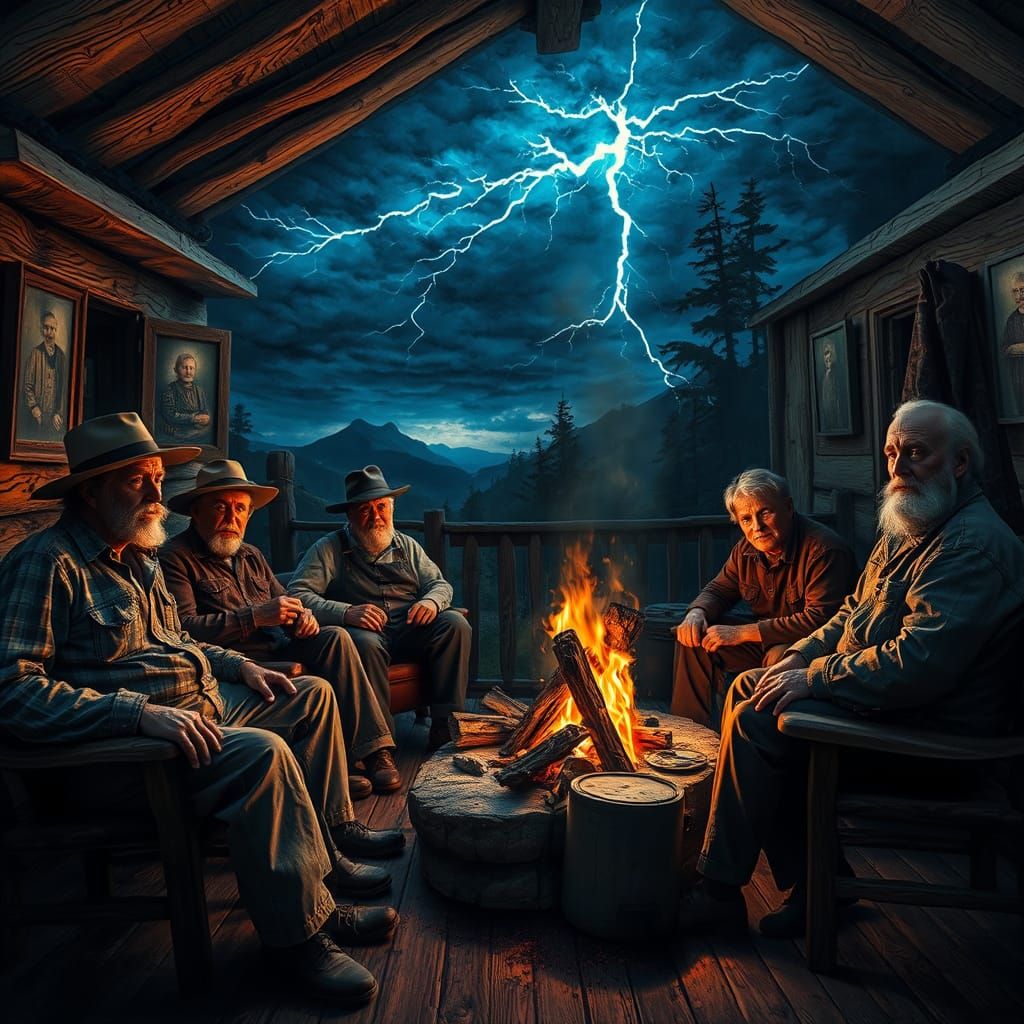 Rustic Hillbillies Gather 'Round a Flickering Fire in a Thun...