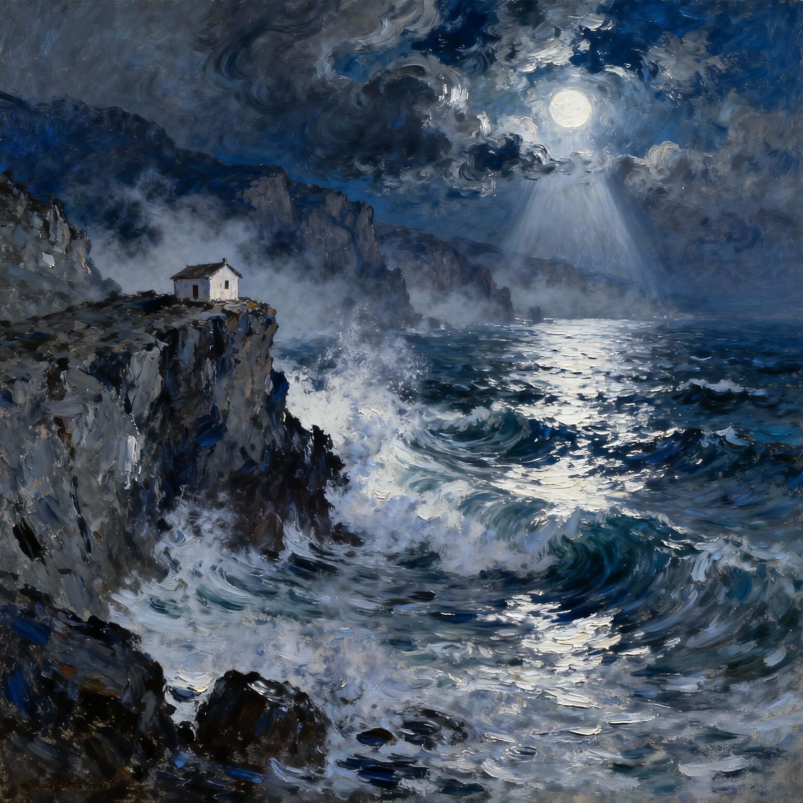 Impressionist Tiny House on Moonlit North African Cliff