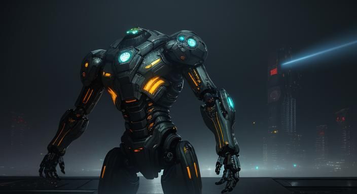 Mechanical Gear Being in Dystopian Cityscape