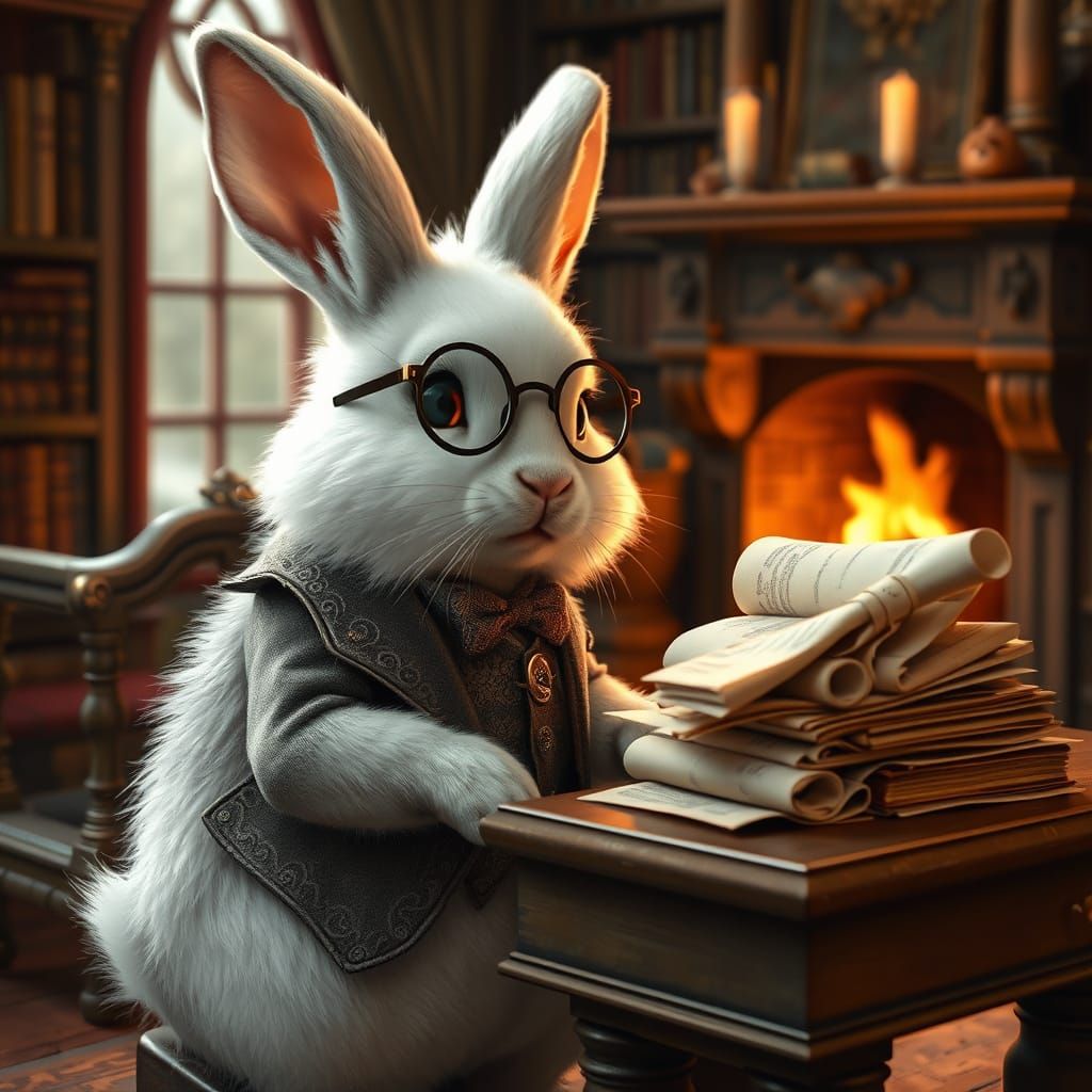 Fluffy Rabbit Scholar in Cozy Study