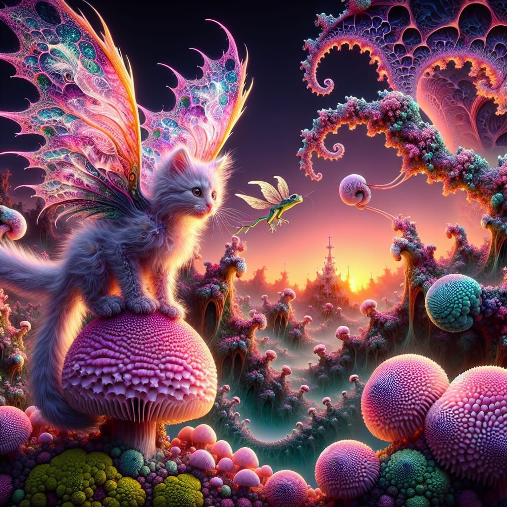 Winged Kitten Dragon Hybrid in Pink Landscape