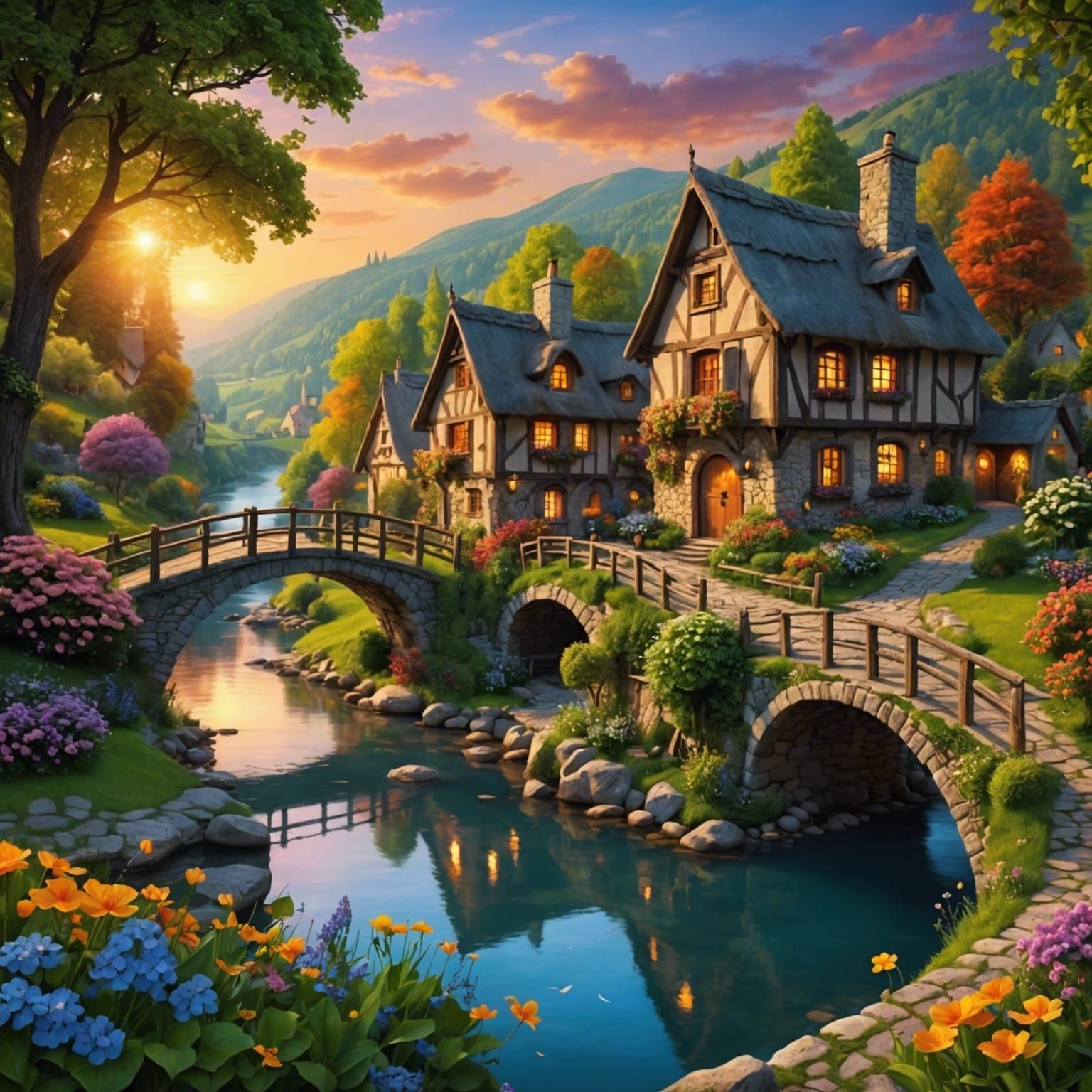 Fairytale Paradise: Cottage, River, Sunset HD Wallpaper