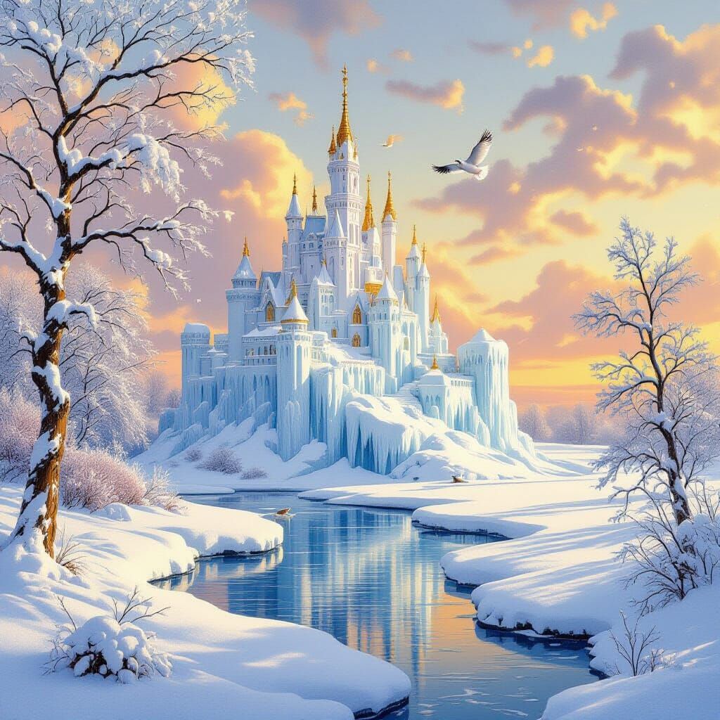 Snowy Owl Soaring Over Majestic Ice Castle