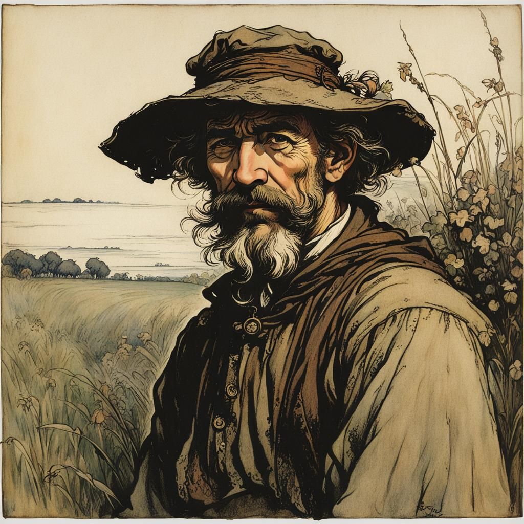 Peasant in Field: Arthur Rackham Storybook Portrait