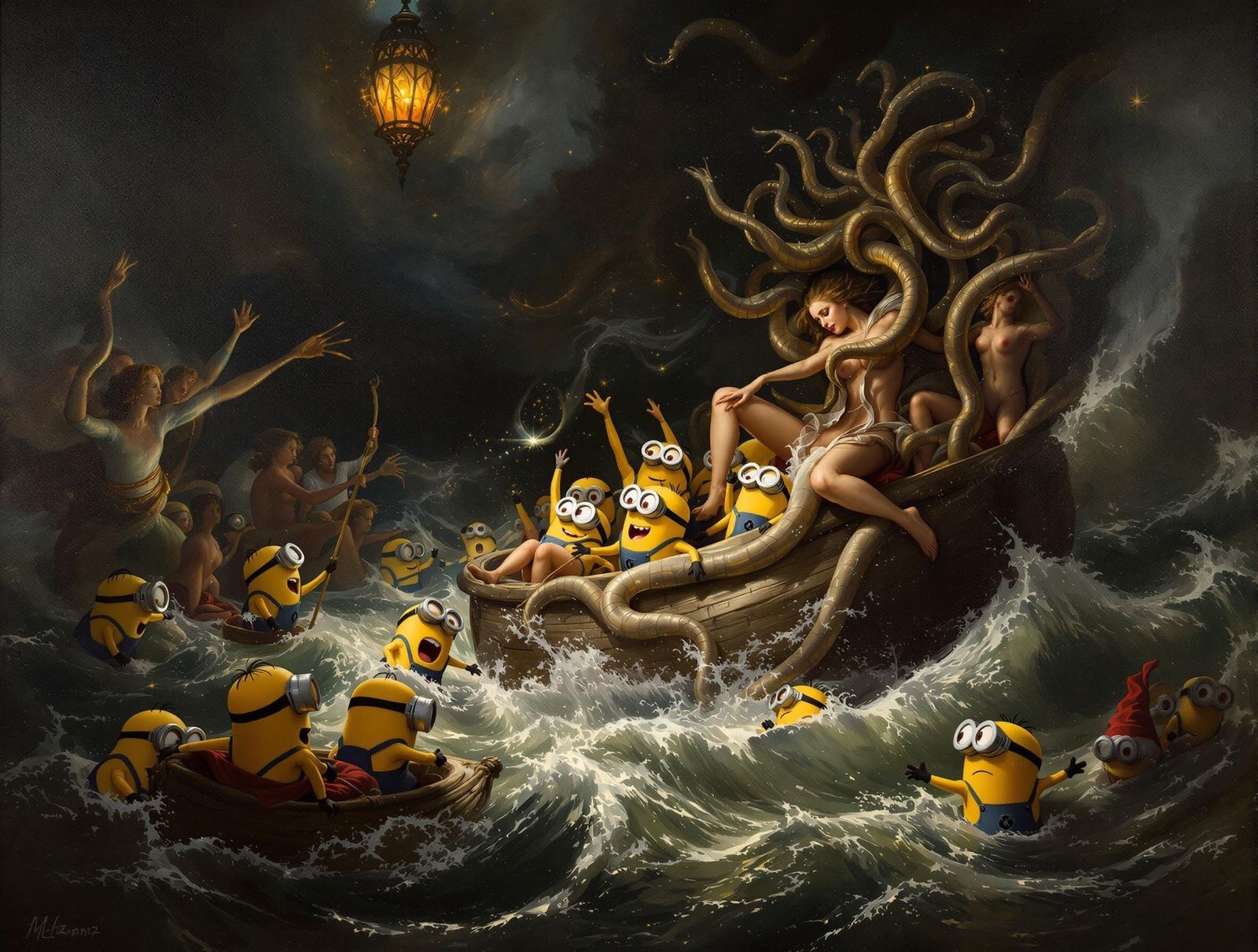 Minions on the Raft: A Humorous Oil Painting