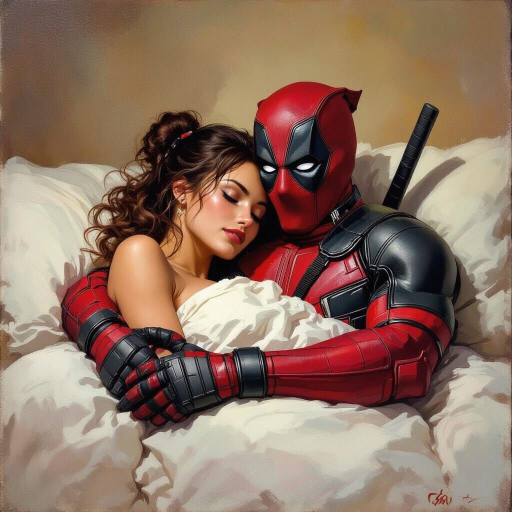 Deadpool Holds Sleeping Woman in Warm, Detailed Oil Painting