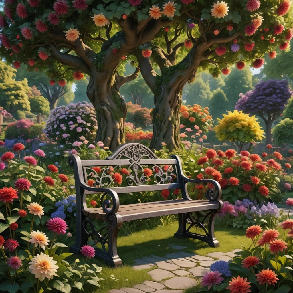 Lush Garden: Bench Under Maple Tree with Dahlias