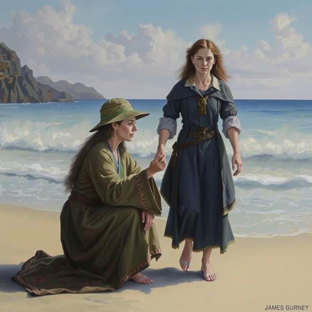 Sorceresses on a Beach in Oil Paint Style