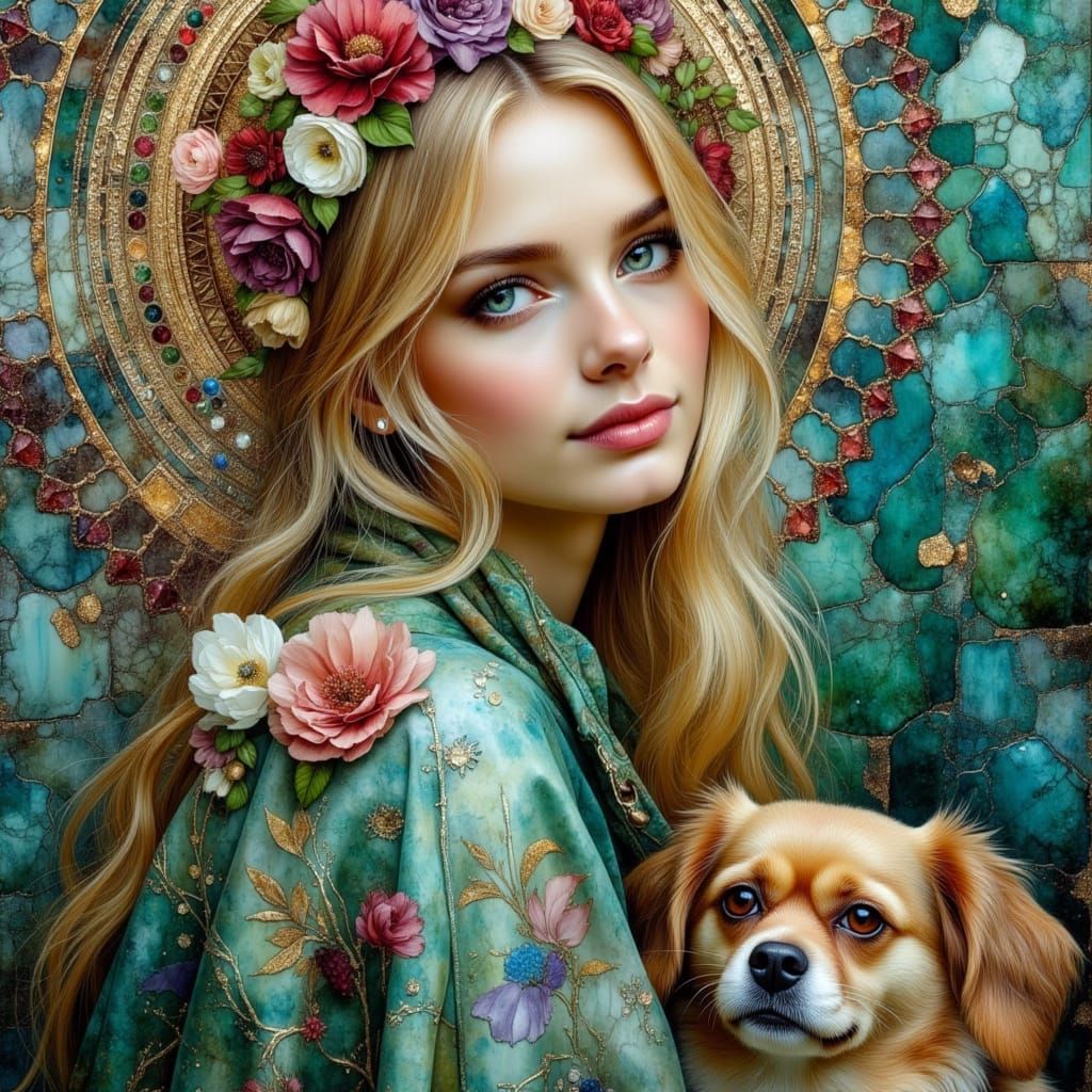 Sensual Woman with Dog in Royo-Style Oil Painting