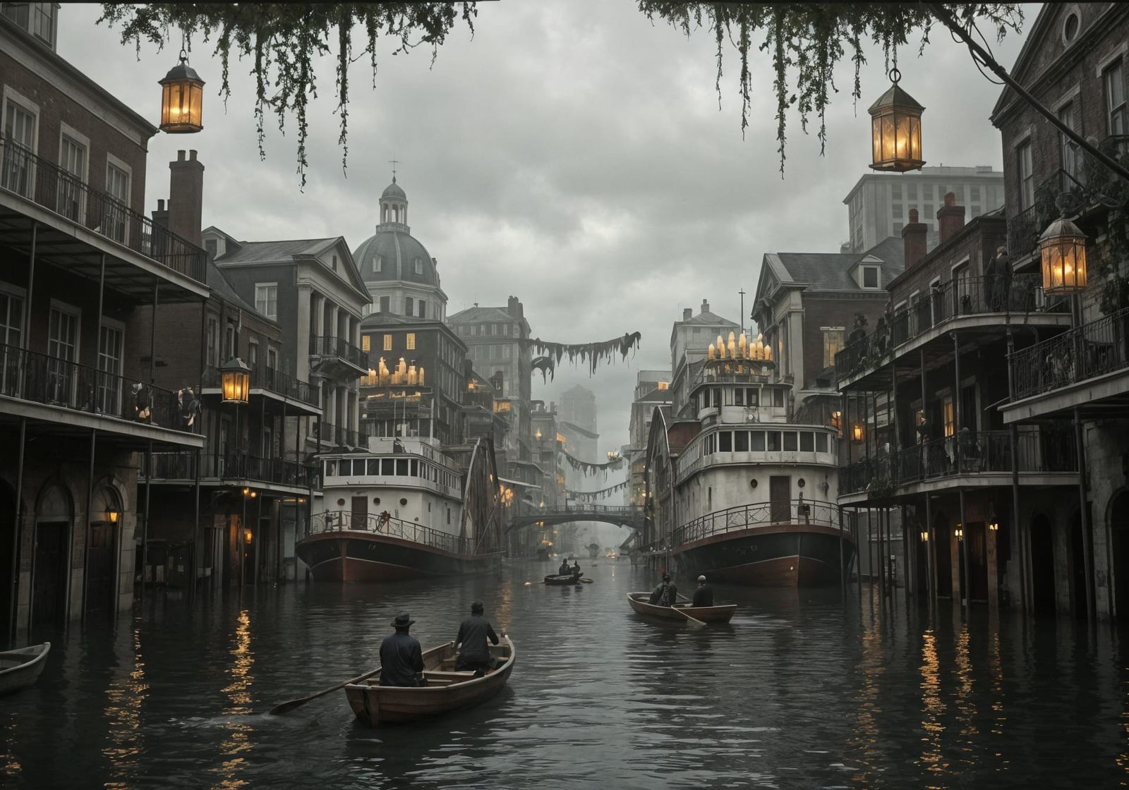 New Orleans Flooded City with Mardi Gras Lights