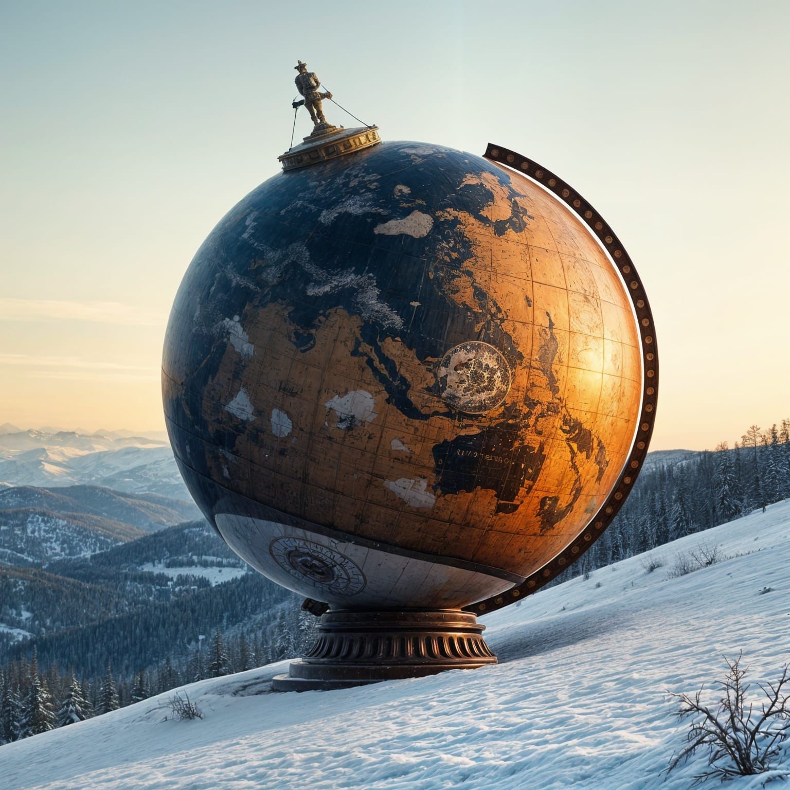 Hyperrealistic Victorian Earth Globe in Snowy Landscape