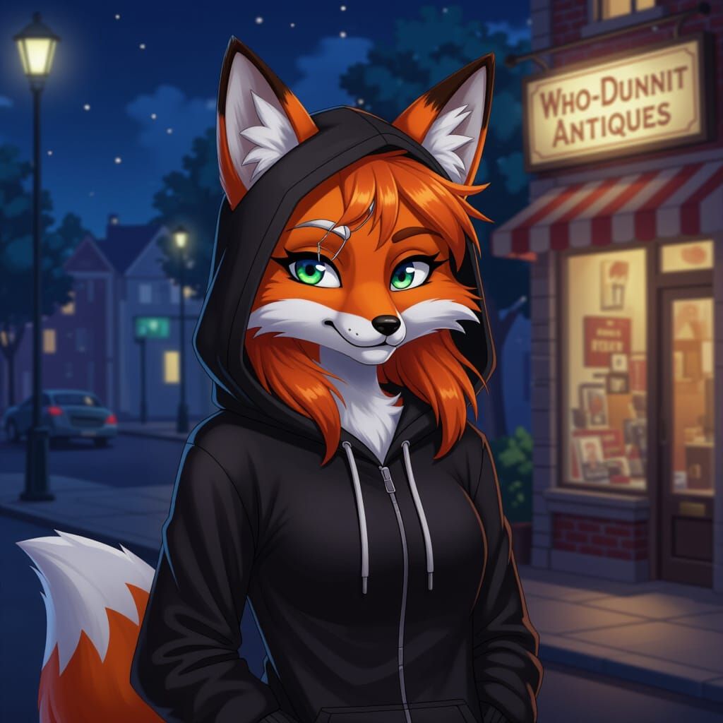 Anthropomorphic Fox in Hoodie at Night Near Antiques Store