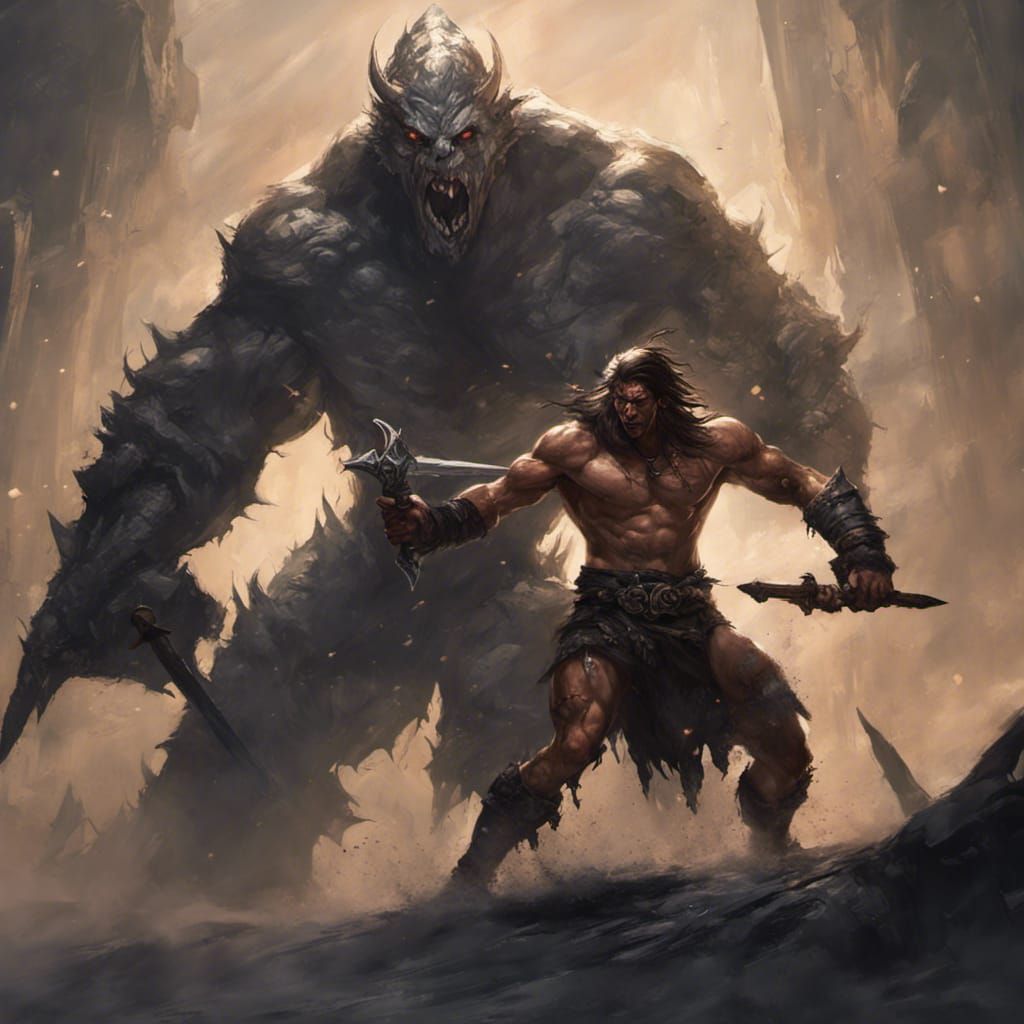 Barbarian Battles Shadow Monster: Dark Fantasy Art