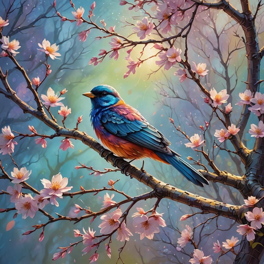 Bird on Spring Tree Branch as Impasto Oil Painting