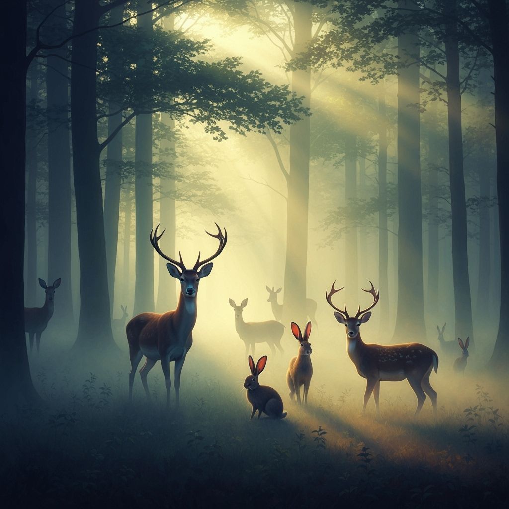 Misty Forest Animals in Surrealist Oil Painting Style