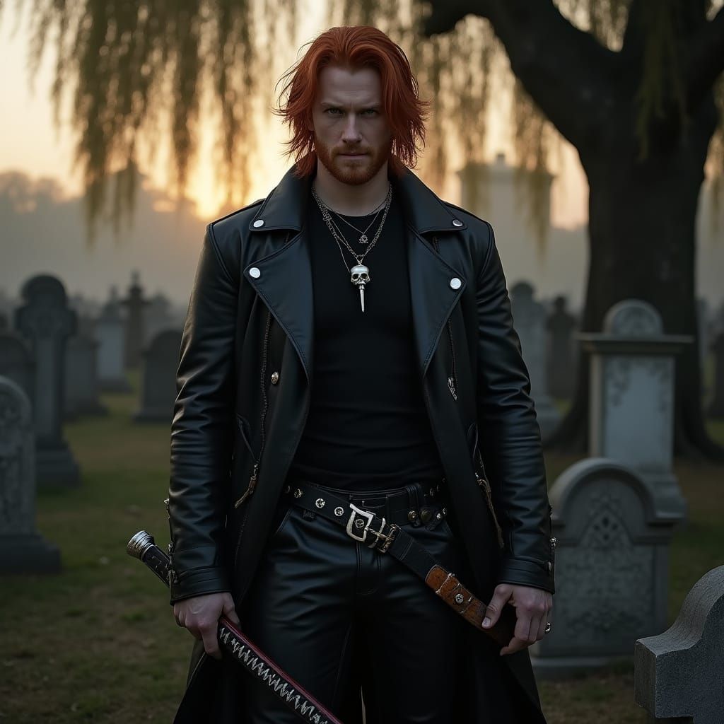 Red Haired Man in Leather Holding Katana in Graveyard