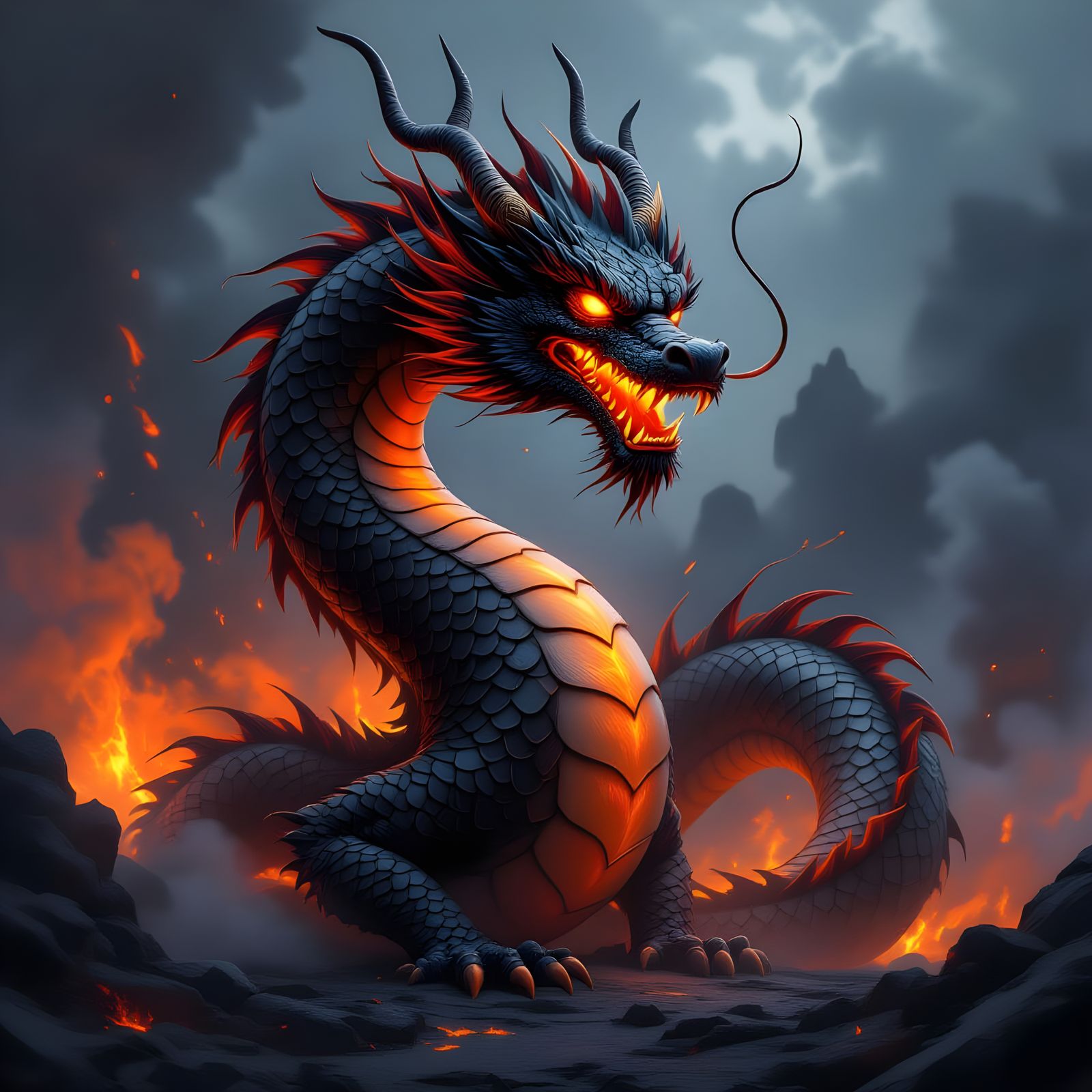 Obsidian Chinese Dragon with Fiery Glow