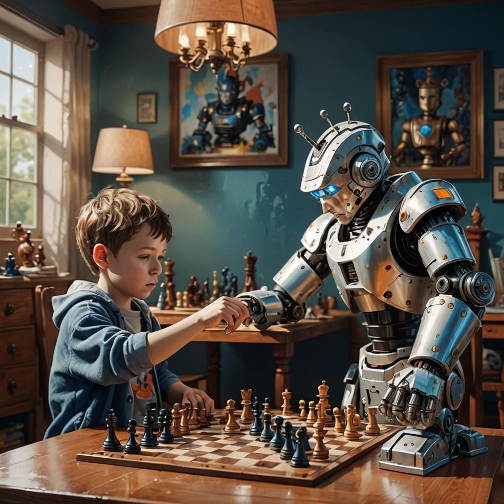 Boy Plays Chess with Robot: Hyperrealistic Art