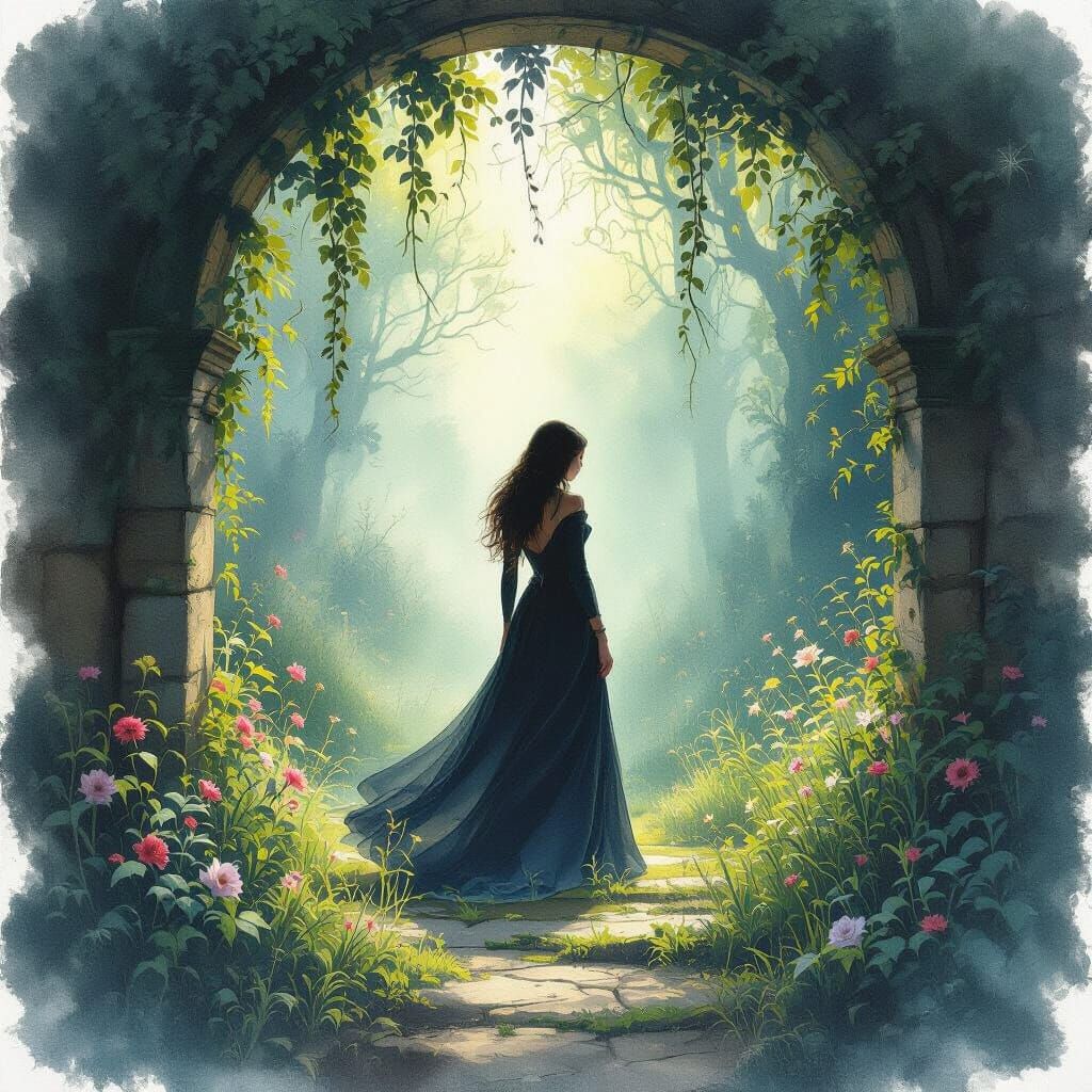 Ethereal Garden Escape With Solitary Woman in Mystical Light
