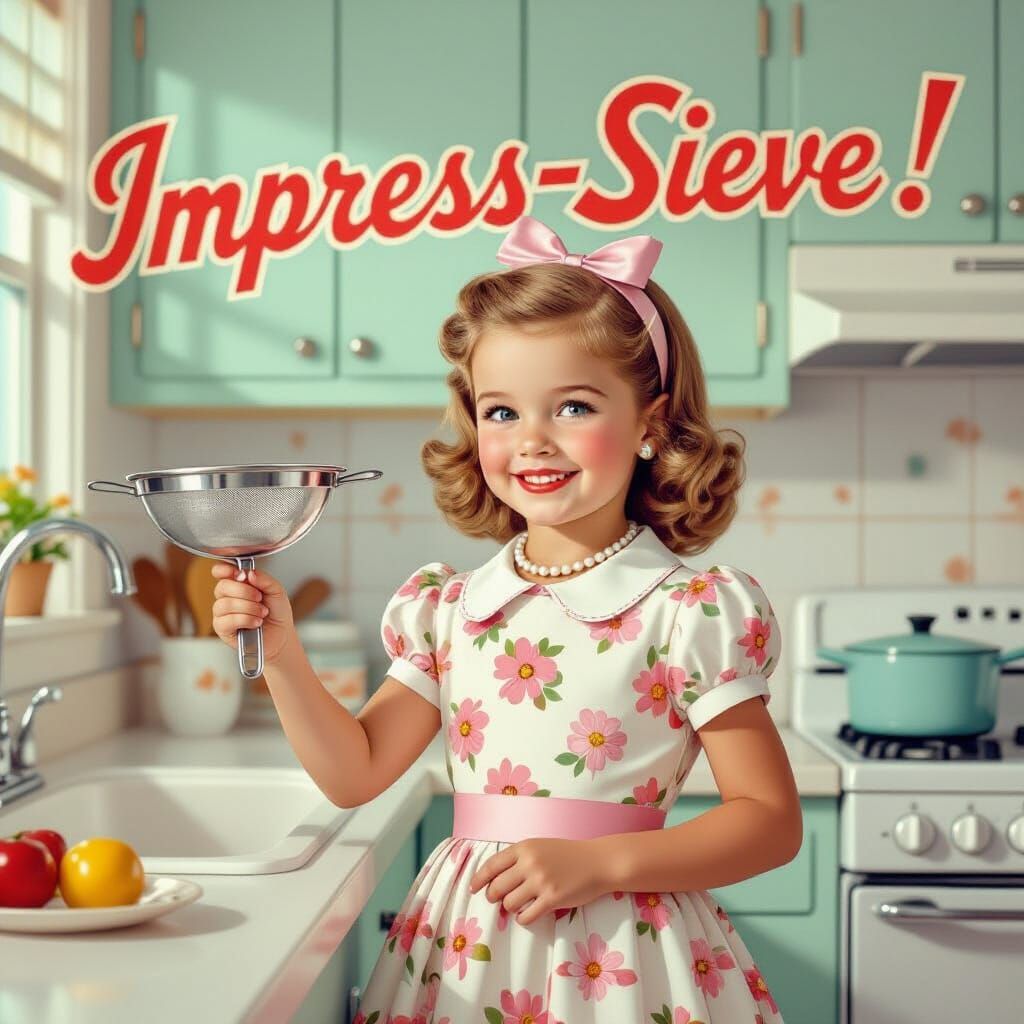 Retro-Futuristic Girl in Kitchen with Sieve