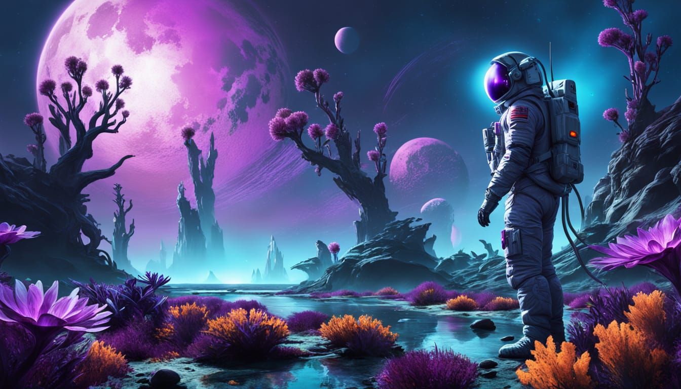 Astronaut and Bioluminescent Flora on Alien Planet
