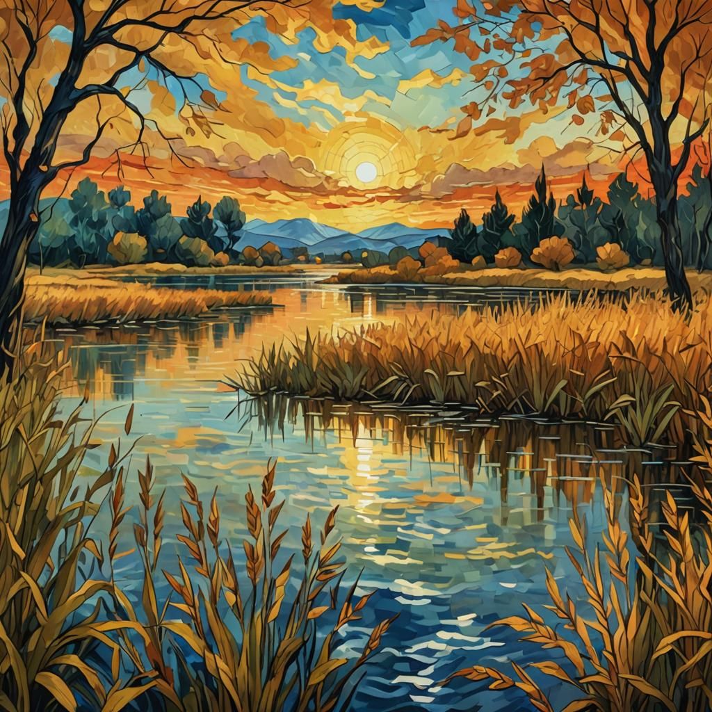 Golden Sunset Lake: Expressionist Oil Painting