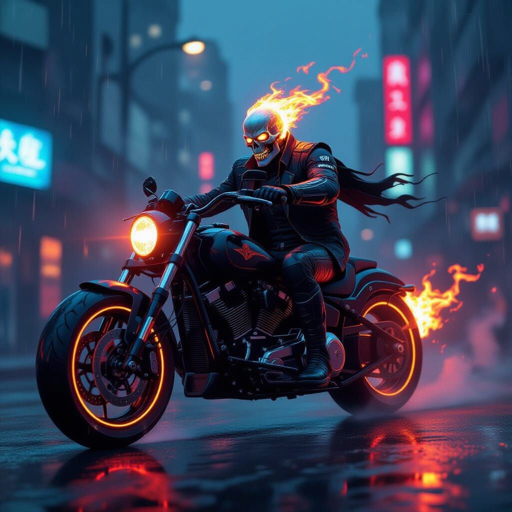Cybernetic Ghost Rider on Flaming Motorcycle in Neon City