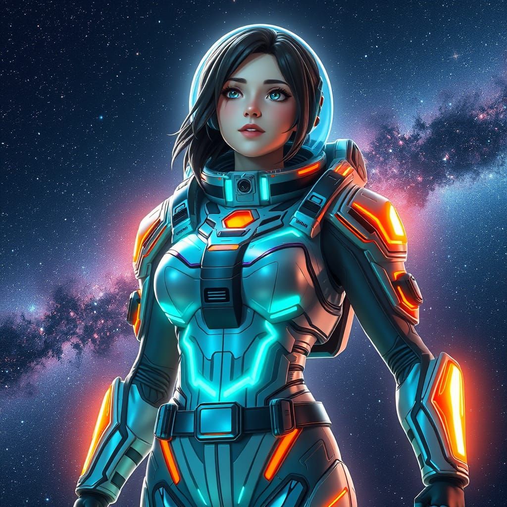 Heroic Space Woman in Vibrant Futuristic Armor