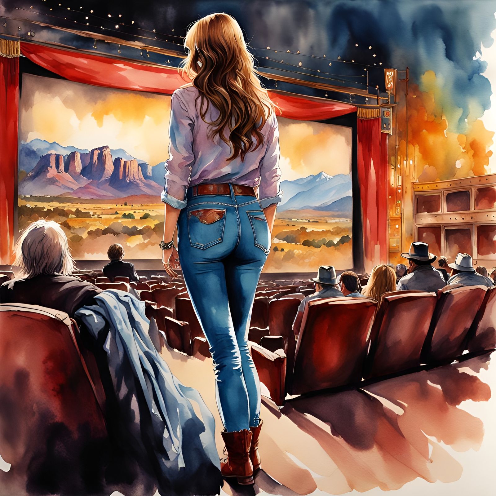 Woman Watching Western, Ink and Watercolor Aetherpunk