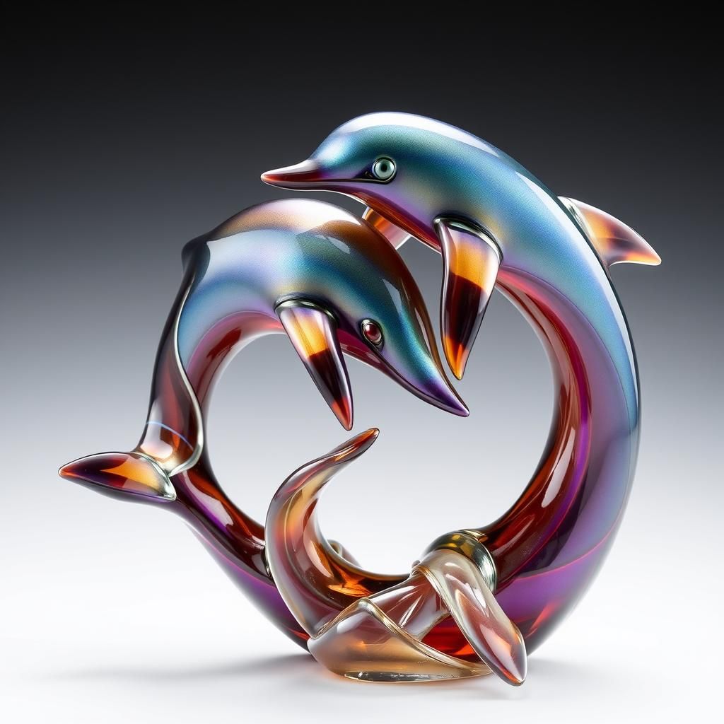 Iridescent Glass Dolphins: Art Nouveau Sculpture