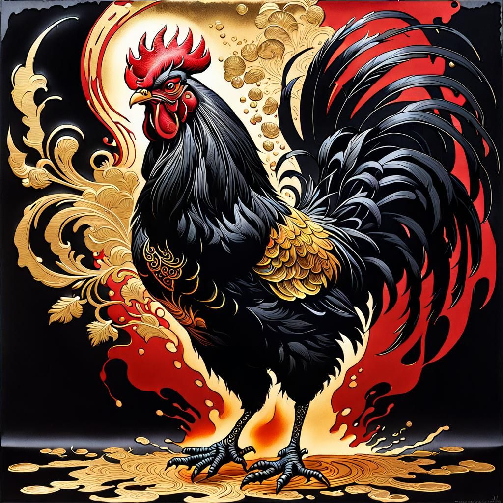 Dramatic Rooster in Art Nouveau Silkscreen Style