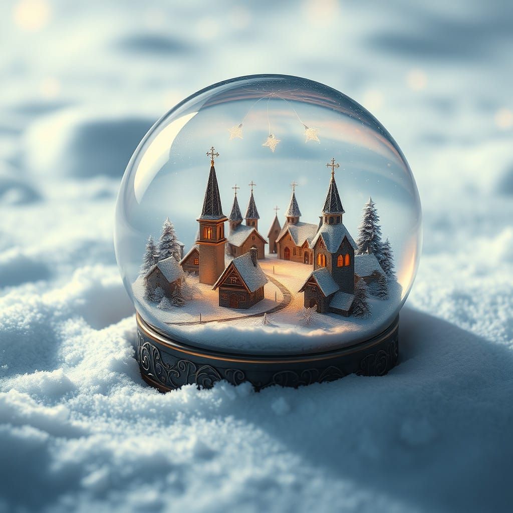 Dreamlike Snow Globe Village in Whimsical, Matte Painting St...