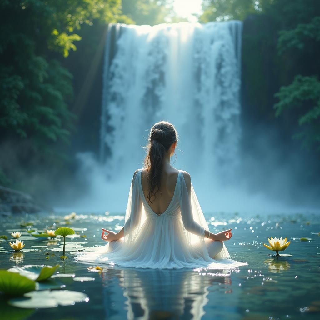 Ethereal Woman Meditating in Misty Pond