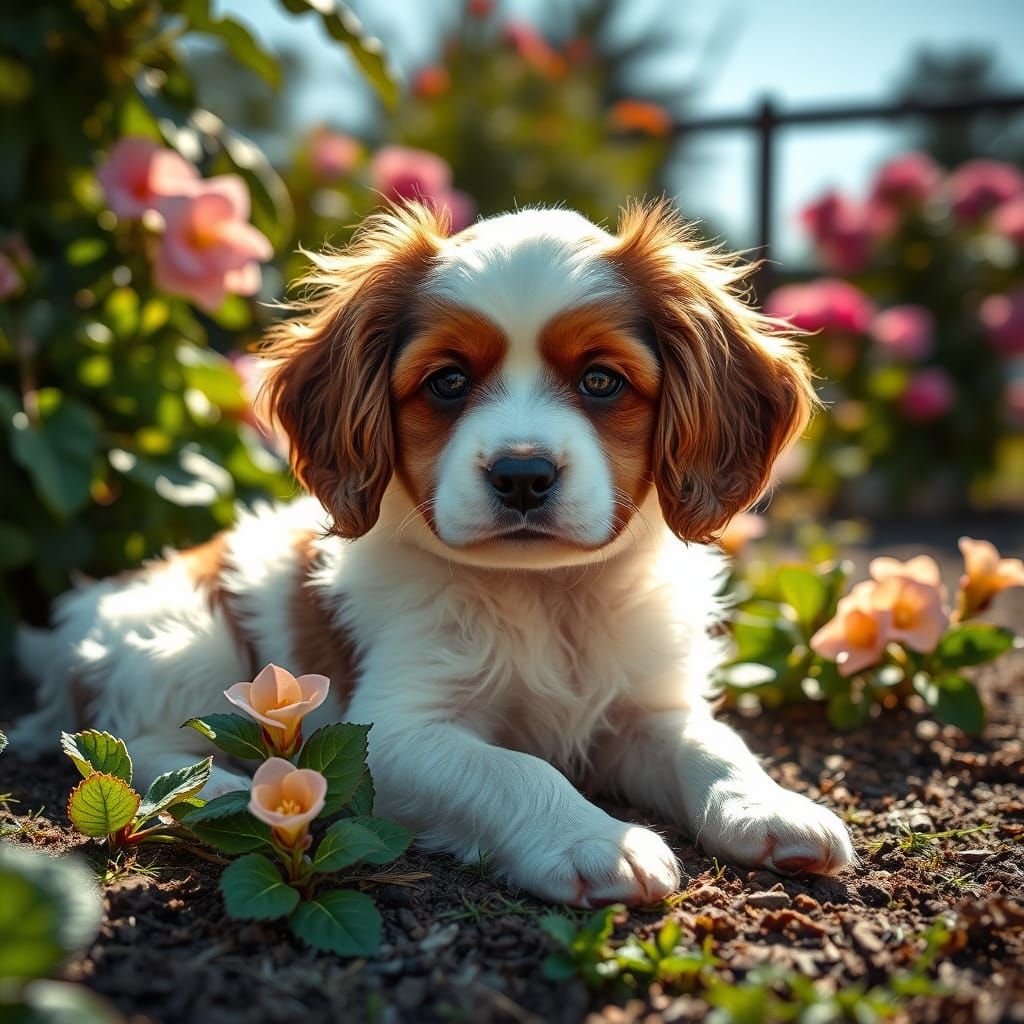 Cute White and Tan Spaniel Puppy in Sunlit Garden