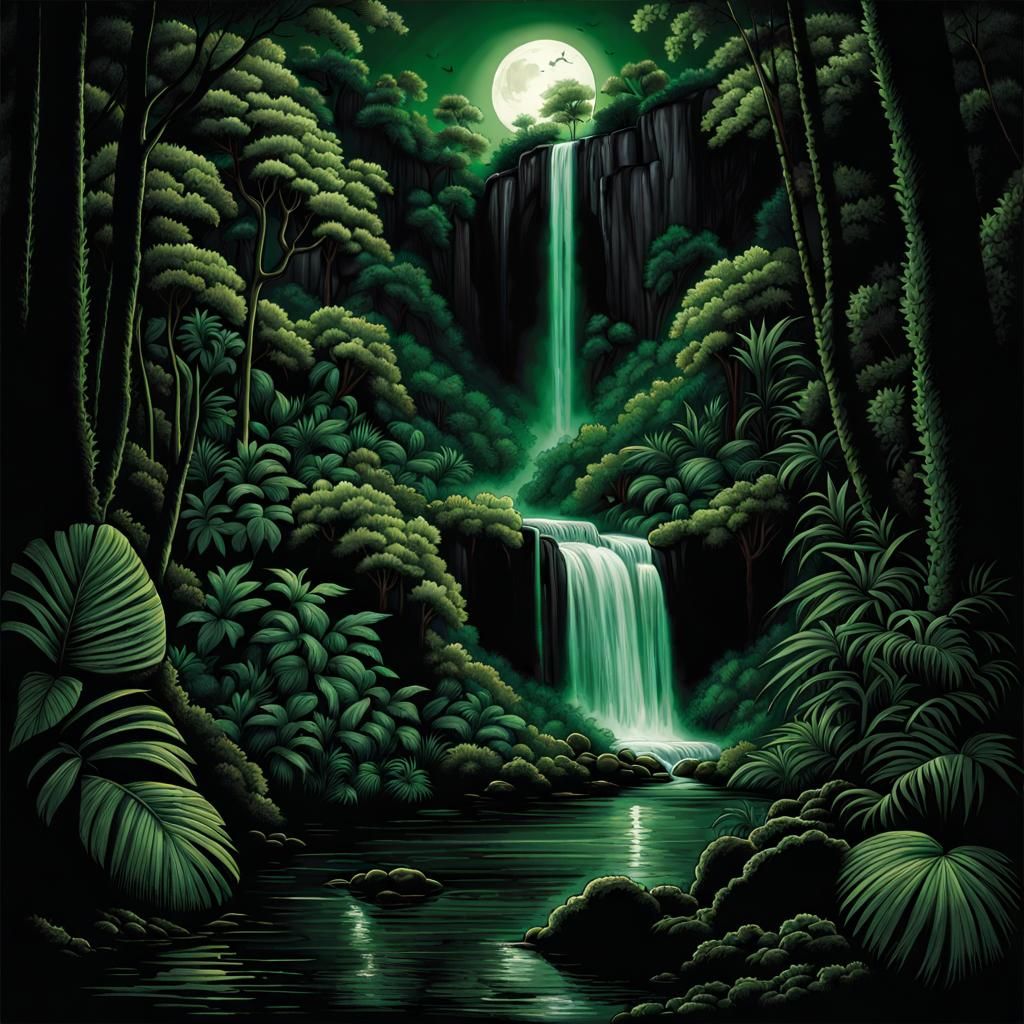 Moonlit Jungle Waterfall with Mysterious Green Light