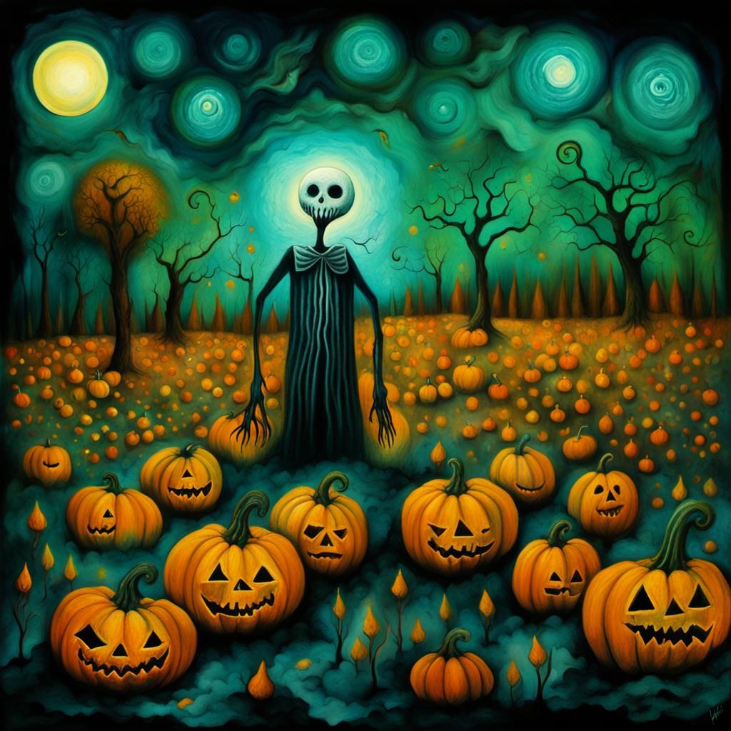 Surreal Figure in Pumpkin Patch: Abstract Ink Art