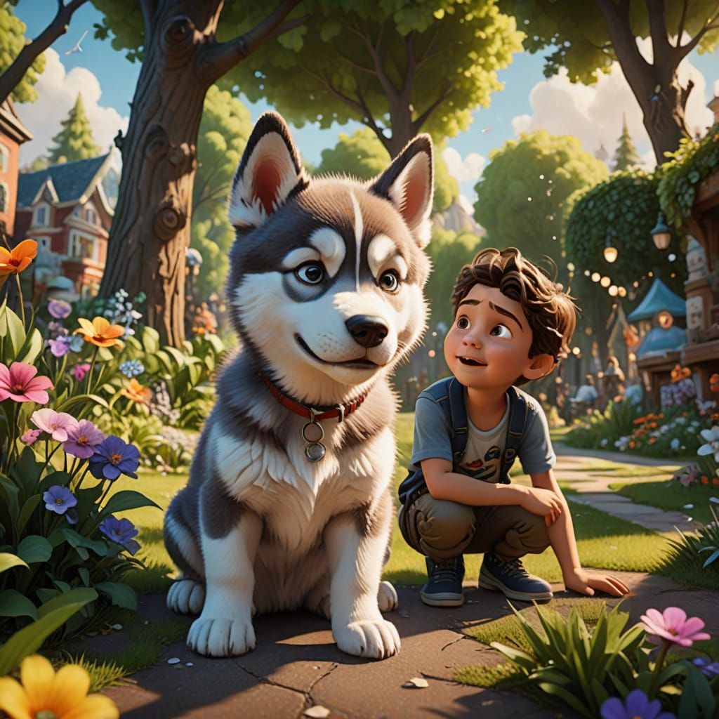 Vibrant Park Scene with Angelic Husky Puppy and Child