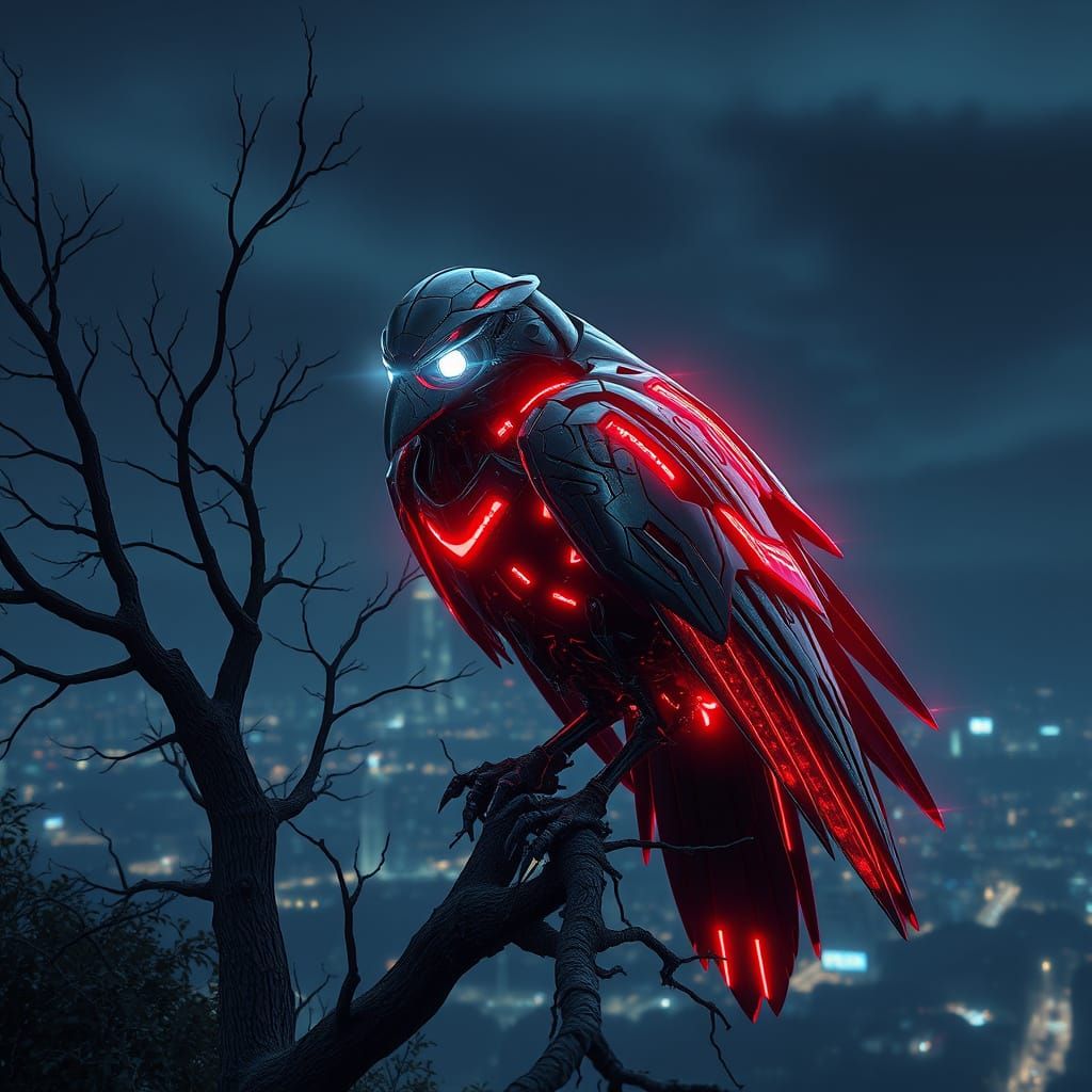 Cyberpunk Metallica Raven Perched on City Hill at Night